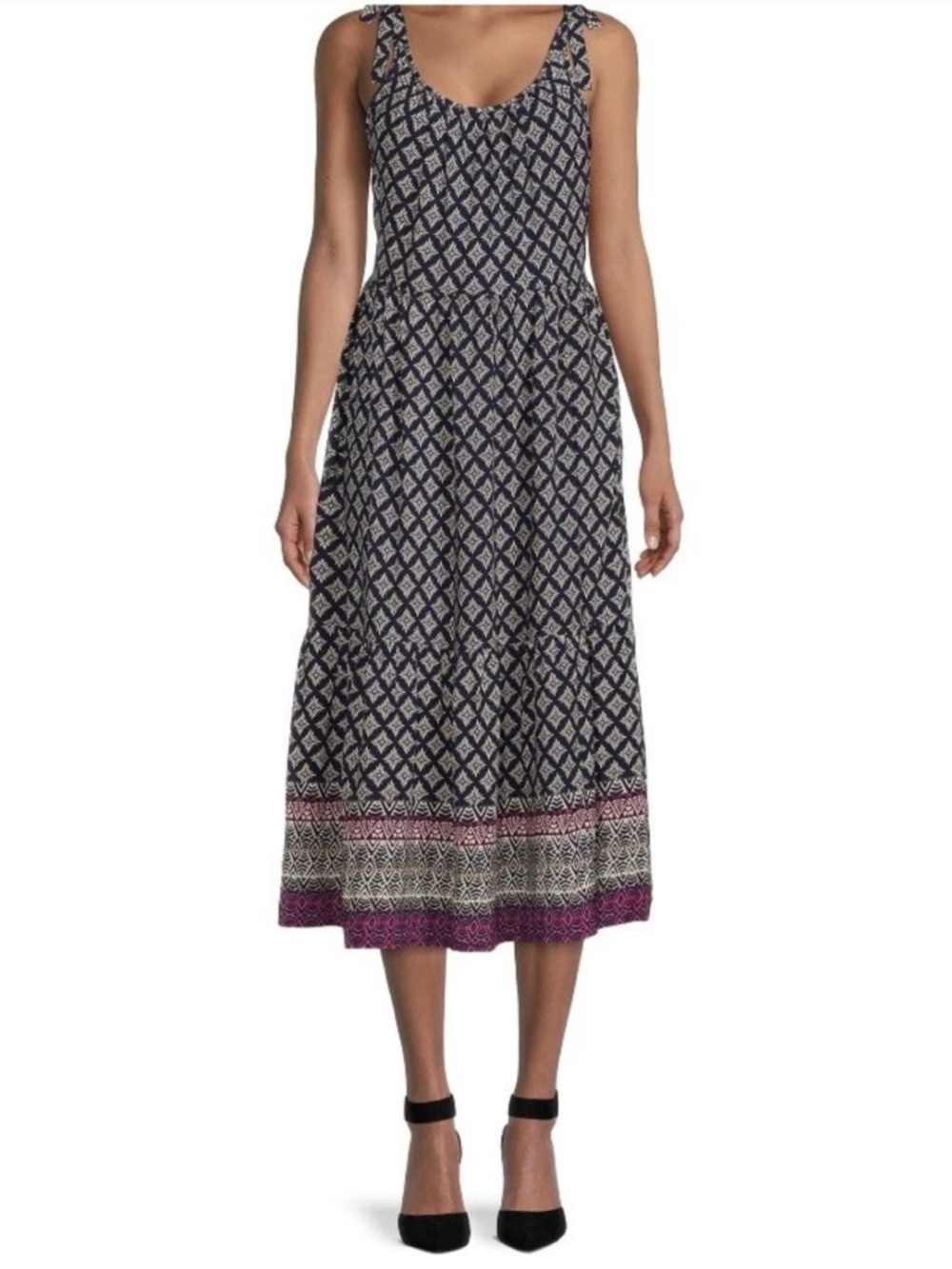 Women's Navy and Cream Geometric Maxi Dress with Pink Border Size S NWT - Picture 3 of 7